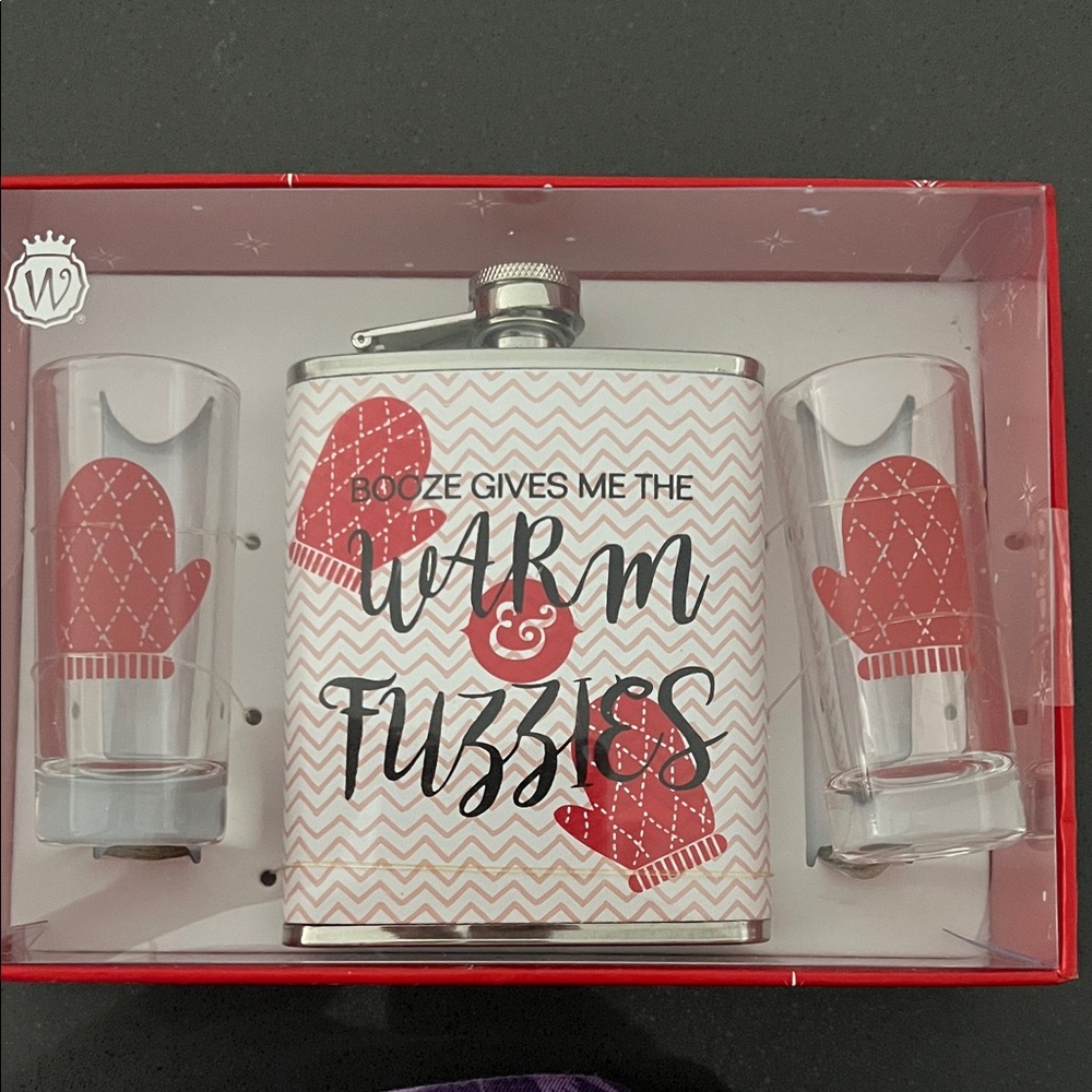 Warm & Fuzzies Flask and Shot Glass Set - Red Mittens